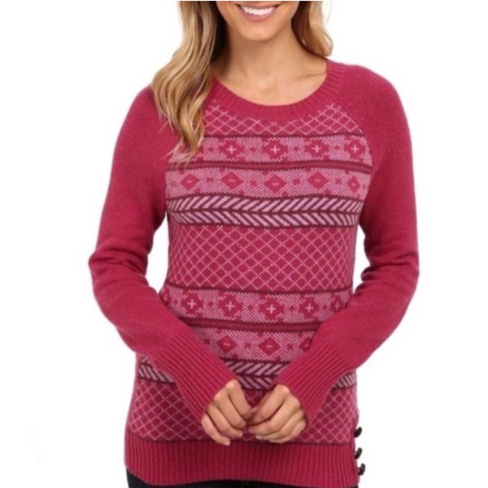 Prana Ramona Red Plum Crewneck Sleeve Cuffs Hem Cotton Lambswool Sweater Size XS